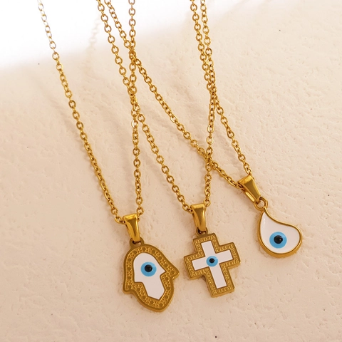 Collana con Pendente Malocchio Mano Di Fatima in Acciaio Inossidabile Placcato Oro Argento Smalto Etnico Bohemienne Donna