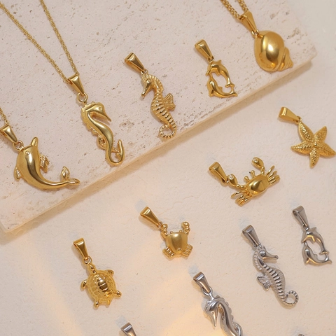 Collana Con Pendente in Acciaio Inossidabile Vintage Creature Marine Per Donna Placcato Oro Tartaruga Ippocampo Granchio Delfino Gioielli