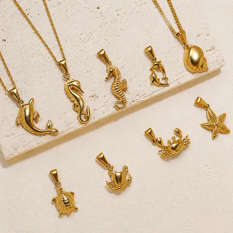 Collana Con Pendente in Acciaio Inossidabile Vintage Creature Marine Per Donna Placcato Oro Tartaruga Ippocampo Granchio Delfino Gioielli
