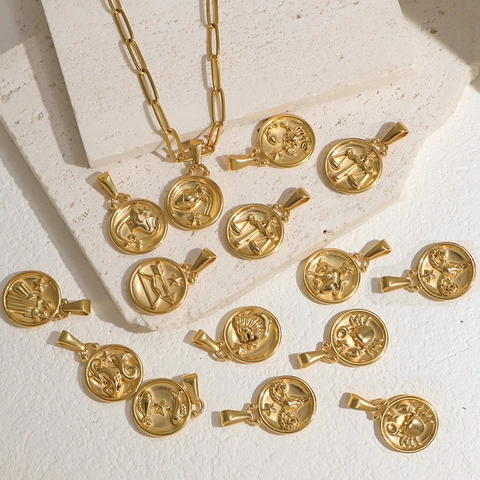 Collana Con Pendente a Moneta Rotonda 12 Segni Zodiacali in Acciaio Inossidabile Vintage Placcata Oro Argento Gioielli Astrologia Uomo Donna