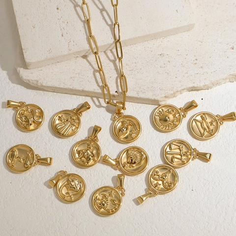 Collana Con Pendente a Moneta Rotonda 12 Segni Zodiacali in Acciaio Inossidabile Vintage Placcata Oro Argento Gioielli Astrologia Uomo Donna