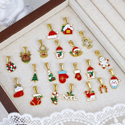 Ciondoli Natalizi in Acciaio Inossidabile Babbo Natale Pupazzo di Neve Renna Charms Per Creazione Gioielli Fai Da Te Collana