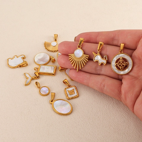 Pendentif en Acier Inoxydable Nacre Plaqué Or 24K Cœur Éléphant Licorne Coquillage Charm pour Collier Création Bijoux DIY