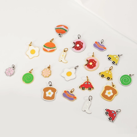 Stainless Steel Cartoon Food Enamel Pendants For DIY Jewelry Making Hamburger Donut Sun Egg Hotdog Car Flower Charms Accessories