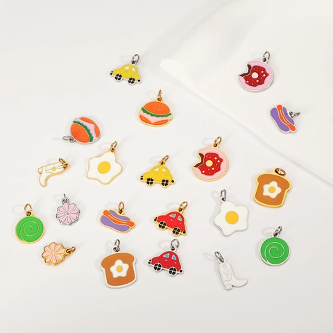 Stainless Steel Cartoon Food Enamel Pendants For DIY Jewelry Making Hamburger Donut Sun Egg Hotdog Car Flower Charms Accessories
