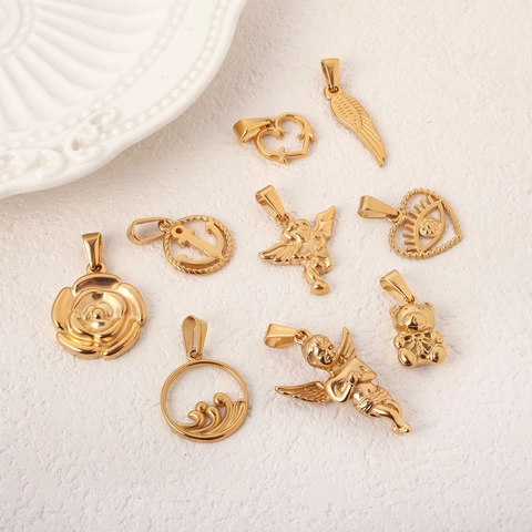 Ciondoli in Acciaio Inossidabile Vintage Angelo Orso Cuore Rosa Malocchio per Donna Uomo Retro Oro Argento Gioielli Galvanici