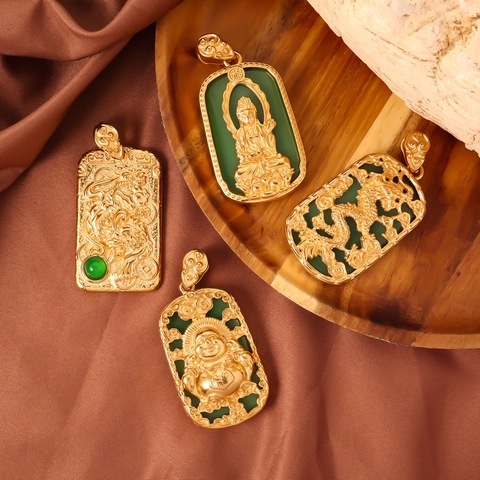 Retro Chinese Style Gold Plated Stainless Steel Buddha Dragon Pendant Necklace Green Ceramic Look PVC Decoration Jewelry