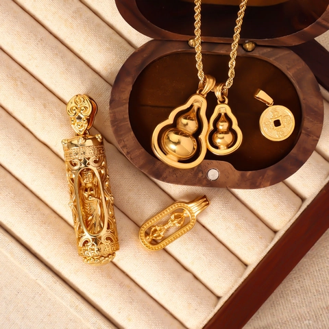Vintage Stainless Steel Gourd Buddha Cylinder Vajra Scepter Pendant Gold Hollow Out Religious Lucky Charm Jewelry Accessory