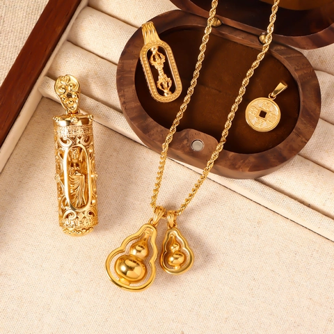 Vintage Stainless Steel Gourd Buddha Cylinder Vajra Scepter Pendant Gold Hollow Out Religious Lucky Charm Jewelry Accessory