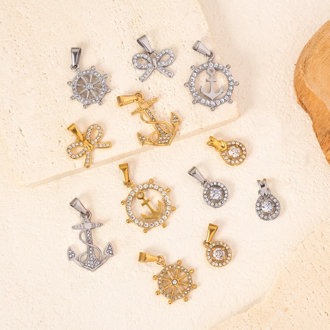 Minimalistisch Roestvrij Staal Anker Roer Strik Hanger Zonder Ketting Glanzend Strass Ingelegd Goud Zilver Sieraden Vrouwen