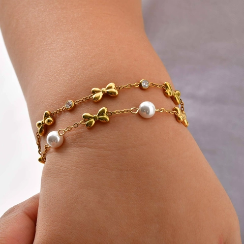 Stainless Steel Gold Plated Bracelet For Girls Artificial Pearl Rhinestone Bowknot Sweet Kids Fashion Bracelet Jewelry Gift