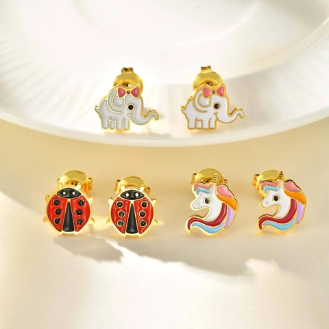 Edelstahl Süße Cartoon Tier Ohrstecker Gold Vergoldet Emaille Marienkäfer Elefant Einhorn Schmuck Für Damen Kinder
