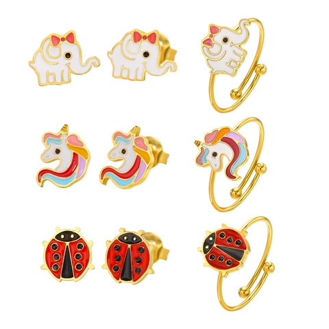 Cute Stainless Steel Enamel Animal Jewelry For Kids Women Unicorn Elephant Ladybug Tulip Adjustable Open Ring Stud Earrings Bracelet