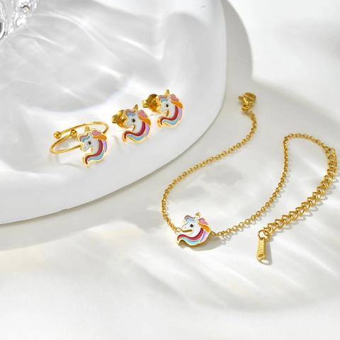 Cute Stainless Steel Enamel Animal Jewelry For Kids Women Unicorn Elephant Ladybug Tulip Adjustable Open Ring Stud Earrings Bracelet