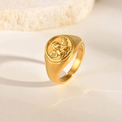 Anillo de Sello de Acero Inoxidable Vintage Con Relieve de Ángel Cupido para Mujer Retro Chapado en Oro Joyería de Moda Fiesta