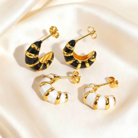 Stainless Steel C-Shaped Stripe Earrings For Women Gold Plated White Black Enamel Geometric Hoop Stud Earrings Daily Jewelry