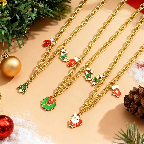 Weihnachten Thema Edelstahl Halskette Für Damen Goldkette Weihnachtsbaum Weihnachtsmann Zuckerstange Handschuh Anhänger Halskette Feiertag Schmuck Geschenk