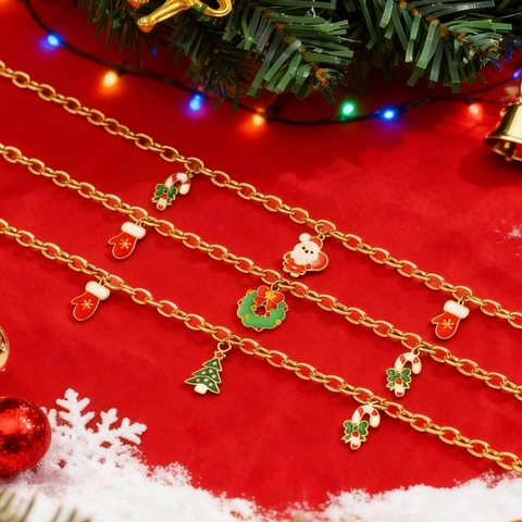 Weihnachten Edelstahl Halskette Mit Emaille Weihnachtsmann Baum Zuckerstange Kranz Anhänger Für Damen Vergoldet Schmuck Geschenk