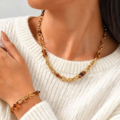 Vintage 18K Vergoldet Edelstahl Bernstein Harz Kette Halskette Und Armband Für Damen Mode Geschenk Elegant Accessoire