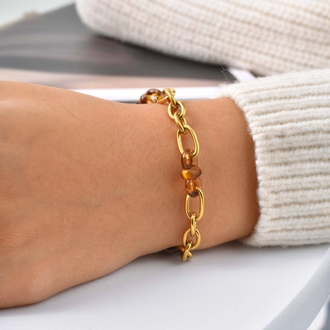 Vintage 18K Vergoldet Edelstahl Bernstein Harz Kette Halskette Und Armband Für Damen Mode Geschenk Elegant Accessoire