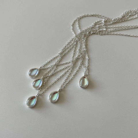 925 Sterling Silver Necklace With Iridescent Waterdrop Pendants Minimalist Elegant Moonstone Style Jewelry For Women