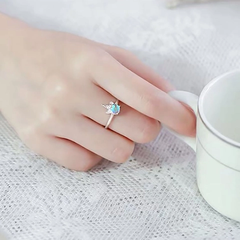Unicorn Moonstone Adjustable Ring For Women Silver Plated Copper Iridescent Stone Whimsical Animal Open Finger Ring Jewelry Gift