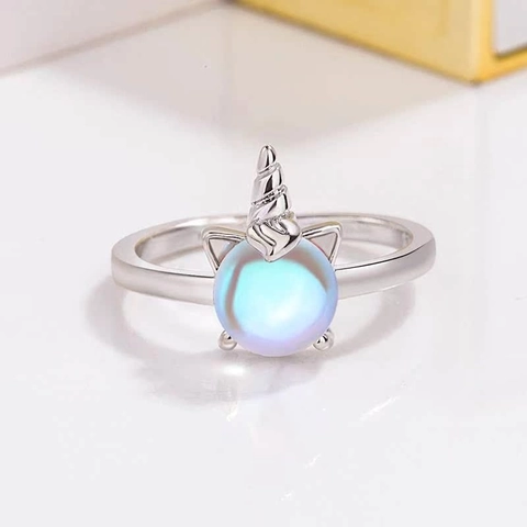 Unicorn Moonstone Adjustable Ring For Women Silver Plated Copper Iridescent Stone Whimsical Animal Open Finger Ring Jewelry Gift