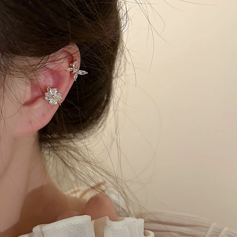 Elegante Clip de Oreja de Cobre con Diamantes de Imitación Mariposa Flor Chapado en Oro Plata Joyas Dulces para Mujer Uso Diario
