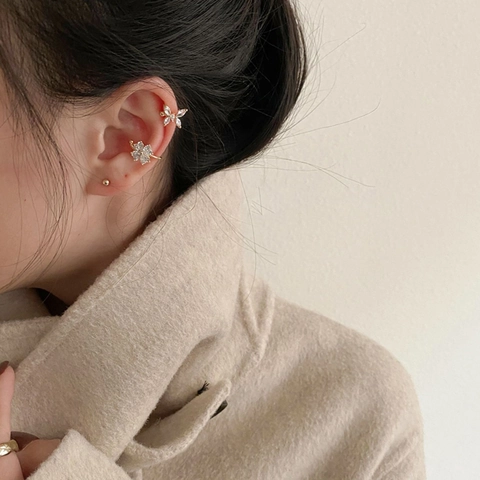 Elegante Clip de Oreja de Cobre con Diamantes de Imitación Mariposa Flor Chapado en Oro Plata Joyas Dulces para Mujer Uso Diario