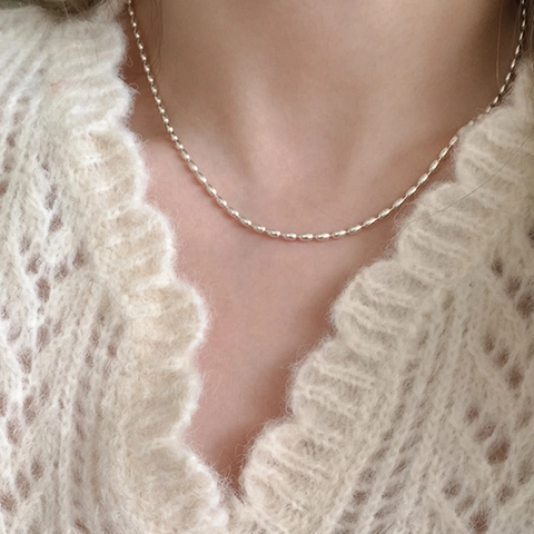 French Minimalist Silver Plated Rice Bead Necklace For Women Elegant Adjustable Olive Bead Choker Collarbone Chain Jewelry