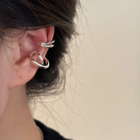 Minimalist Silver-Plated Copper Double Layer Cross Line Ear Cuffs Non Pierced Geometric Earring Jewelry For Women