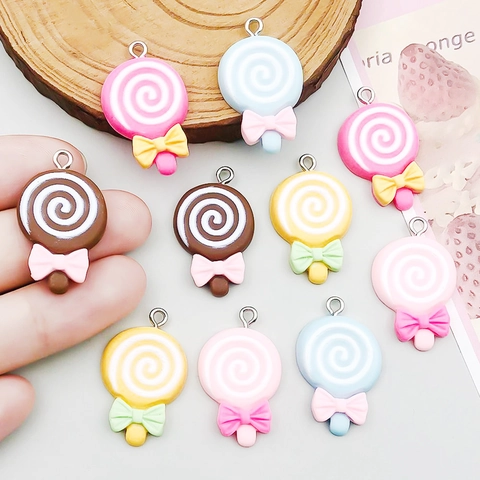 Pendentifs Sucette en Résine Avec Nœud Papillon Motifs Spirale Colorés Breloques Bonbons pour Fabrication de Bijoux DIY Porte-clés Collier Accessoire
