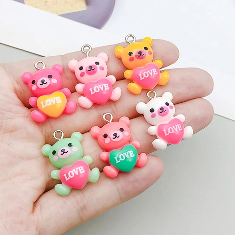 Resin Bear Heart Charms With Love Letter For DIY Jewelry Making Cartoon Animal Bear Pendant Necklace Bracelet Accessories