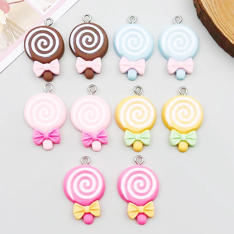 Pendentifs Sucette en Résine Avec Nœud Papillon Motifs Spirale Colorés Breloques Bonbons pour Fabrication de Bijoux DIY Porte-clés Collier Accessoire