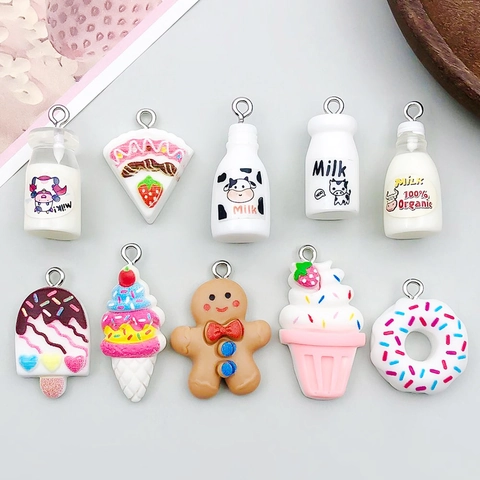 Cute Cartoon Food Resin Pendants For DIY Jewelry Making Milk Bottle Donut Cake Ice Cream Mini Charms Handmade Accessory