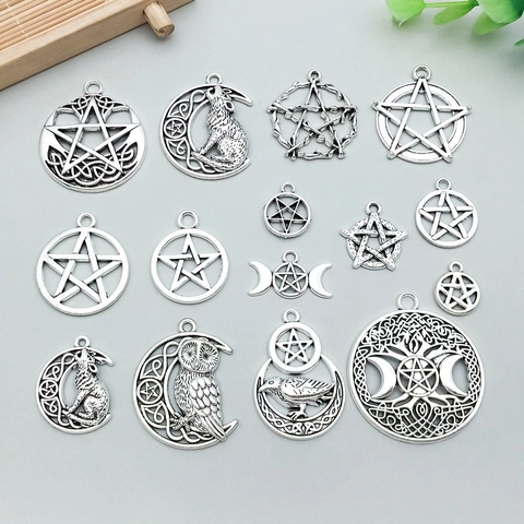 Antiksilber Zinklegierung Pentagramm Mond Wolf Eule Rabe Charms Hohle Keltische Knoten Anhänger DIY Schmuckherstellung Zubehör Für Halsketten Armbänder Vintage Mystischer Stil