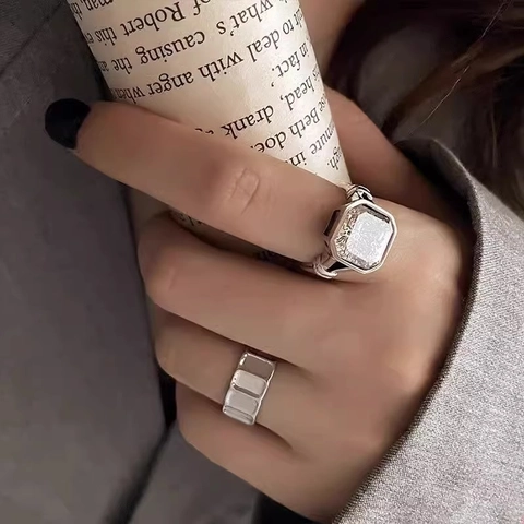 Anillo Abierto de Cobre con Diamantes de Imitación Retro para Mujer Diamantes de Imitación Cuadrados Geométricos Joyería de Moda