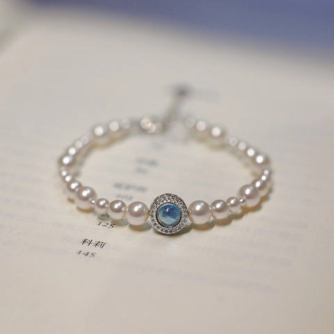 Pulsera de Perlas Artificiales de Plata de Ley 925 Estilo Francés para Mujer Elegante Colgante Redondo de Zirconia Azul Pulsera Ajustable