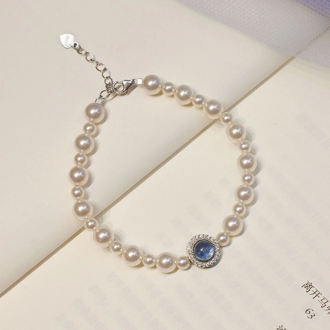 Pulsera de Perlas Artificiales de Plata de Ley 925 Estilo Francés para Mujer Elegante Colgante Redondo de Zirconia Azul Pulsera Ajustable