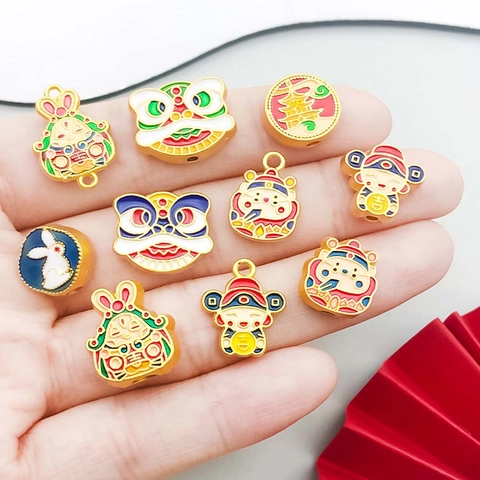 Chinese Style Lucky Lion Fortune God Rabbit Alloy Enamel Pendants For DIY Jewelry Making Charms For Bracelet Necklace Accessory
