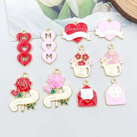 Mother's Day Enamel Zinc Alloy Charms For DIY Necklace Bracelet Making Heart Flower Mom Letter Pendants Jewelry Accessories