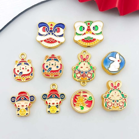 Chinese Style Lucky Lion Fortune God Rabbit Alloy Enamel Pendants For DIY Jewelry Making Charms For Bracelet Necklace Accessory