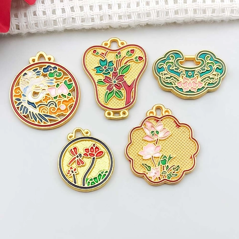 Pendentifs en Alliage de Zinc Émail Goutte d'Huile Lotus Éventail pour DIY Collier Bracelet Tendance Nationale Antique Bijoux Accessoires