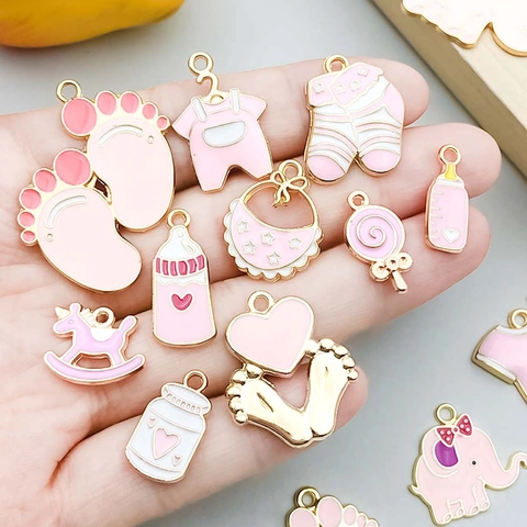 Lindos Colgantes de Bebé de Aleación de Esmalte Mezcla de Dijes de Biberón y Elefante Rosa para la Fabricación de Joyas Hechas a Mano Bricolaje Collar Pulsera Decoración