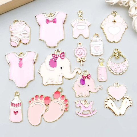 Lindos Colgantes de Bebé de Aleación de Esmalte Mezcla de Dijes de Biberón y Elefante Rosa para la Fabricación de Joyas Hechas a Mano Bricolaje Collar Pulsera Decoración