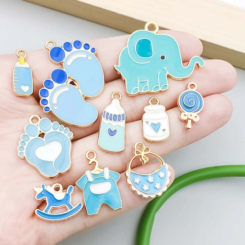 Charms de Aleación de Zinc Esmalte Azul Lago Tema Bebé Colgantes Elefante Biberón Piruleta para Creación de Joyería DIY Pulsera Collar
