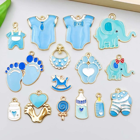 Charms de Aleación de Zinc Esmalte Azul Lago Tema Bebé Colgantes Elefante Biberón Piruleta para Creación de Joyería DIY Pulsera Collar