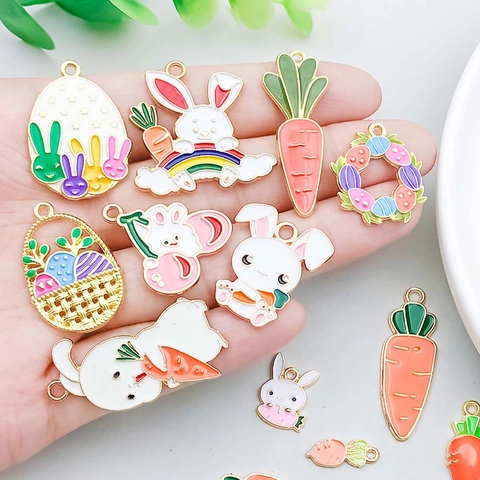 Easter Bunny Carrot Alloy Enamel Pendants For DIY Jewelry Making Colorful Rabbit Carrot Easter Egg Charms For Necklace Bracelet