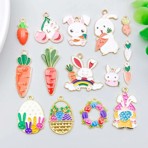 Easter Bunny Carrot Alloy Enamel Pendants For DIY Jewelry Making Colorful Rabbit Carrot Easter Egg Charms For Necklace Bracelet