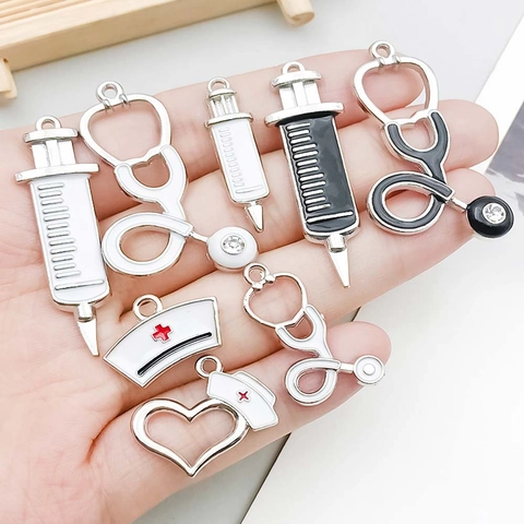 Zinc Alloy Enamel Medical Pendants Stethoscope Syringe Nurse Hat DIY Jewelry Accessories Charms Rhinestone Inlay For Nurse